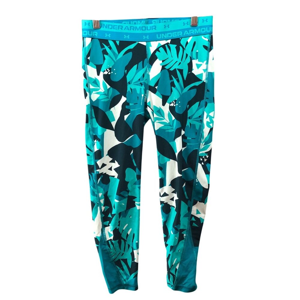 Under Armour Girls Youth L 14-16 Floral Leggings Blue Teal Cropped Capri